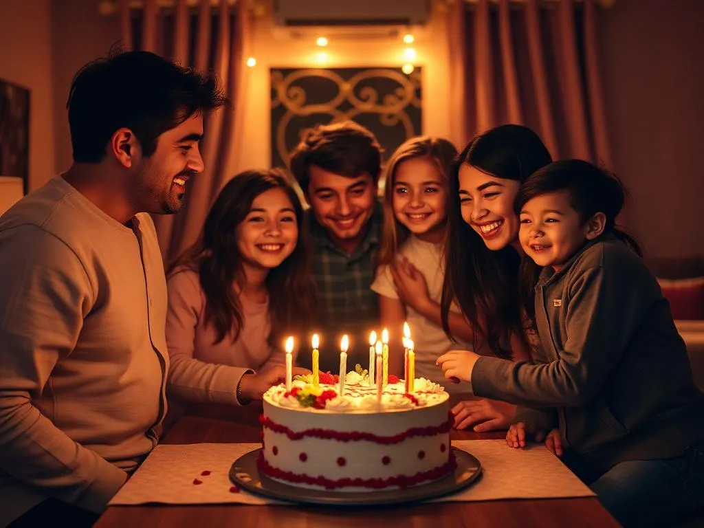 Friends gathered around a candlelit cake.